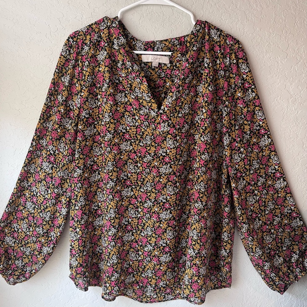 LOFT Floral Print Blouse - Black and Pink